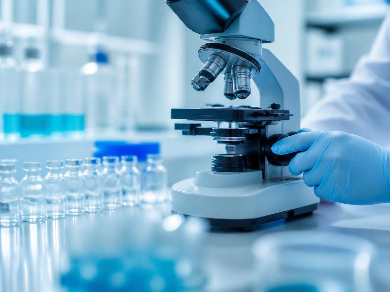 Laboratory microscope beside rows of sealed compound vials